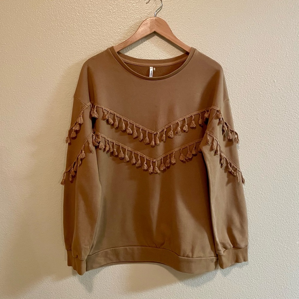 MITTOSHOP Tan Brown Sweatshirt with Tassels | Large